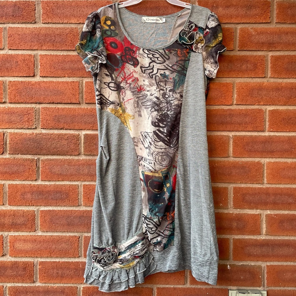 Short Sleeve Colourful & Grey Embroidered Dress